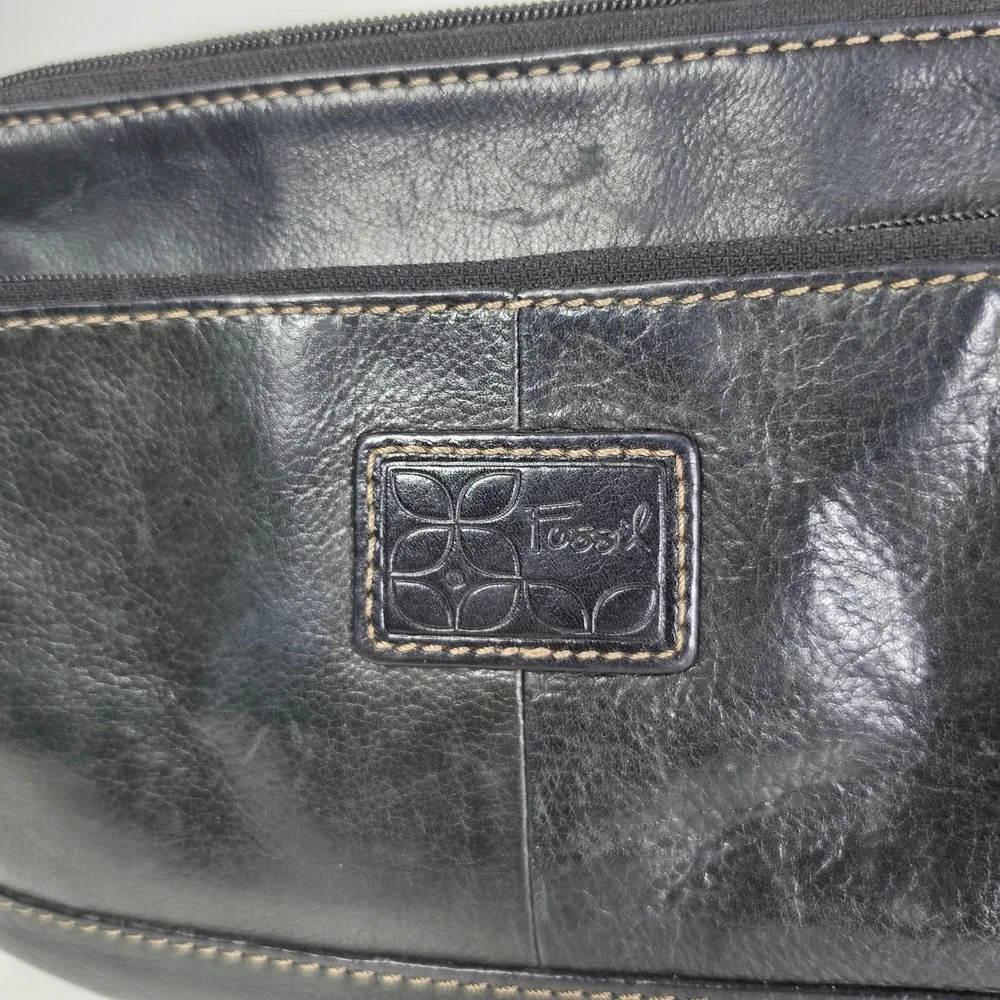 Vintage Fossil Black Leather Crossbody Bag Y2K Organizer Shoulder Purse Flap